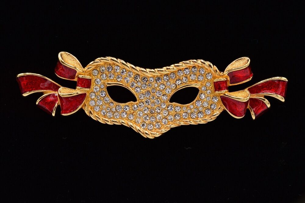 Vintage Masquerade Broadway Brooch Pin Mask Gold Rhinestone Crystal Red BinAC